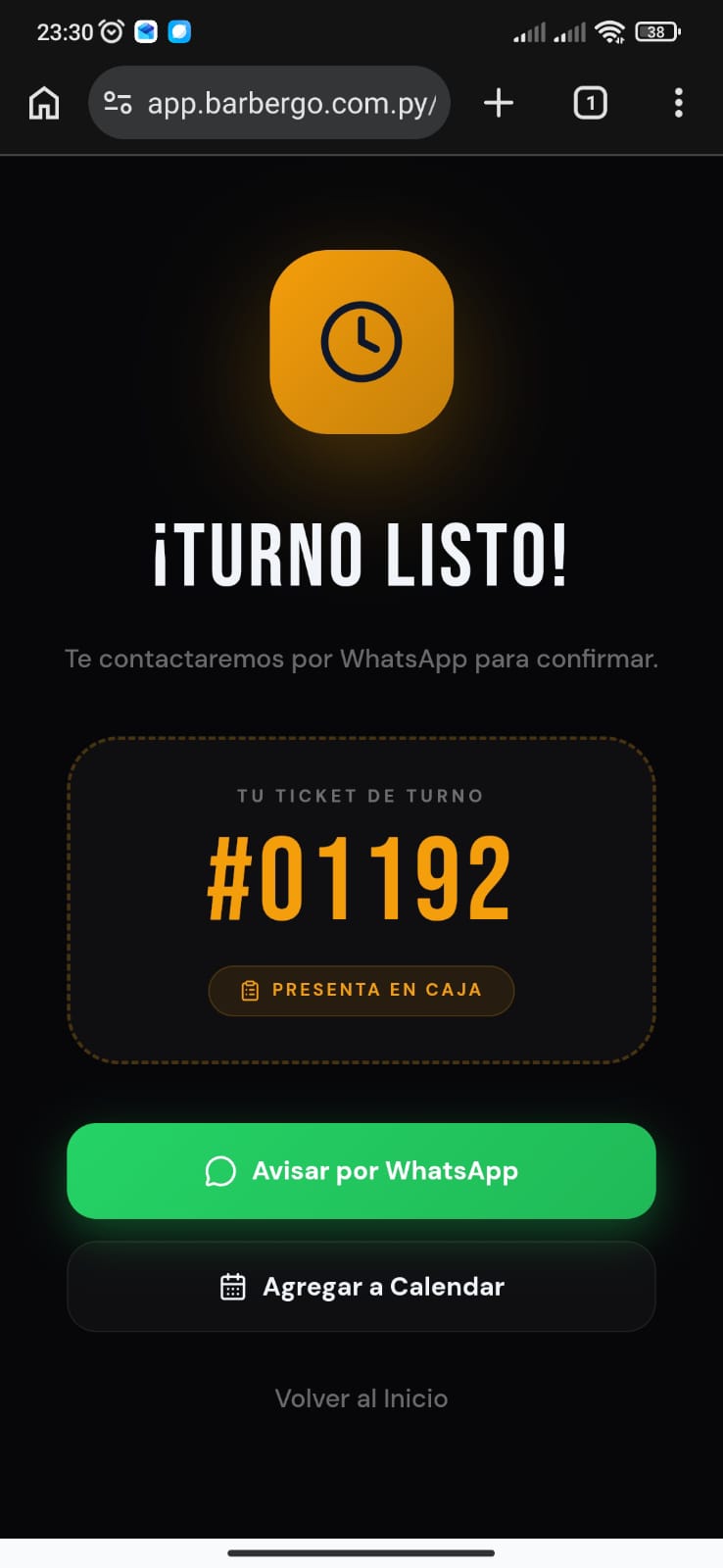 Pantalla de turno confirmado en BarberGo